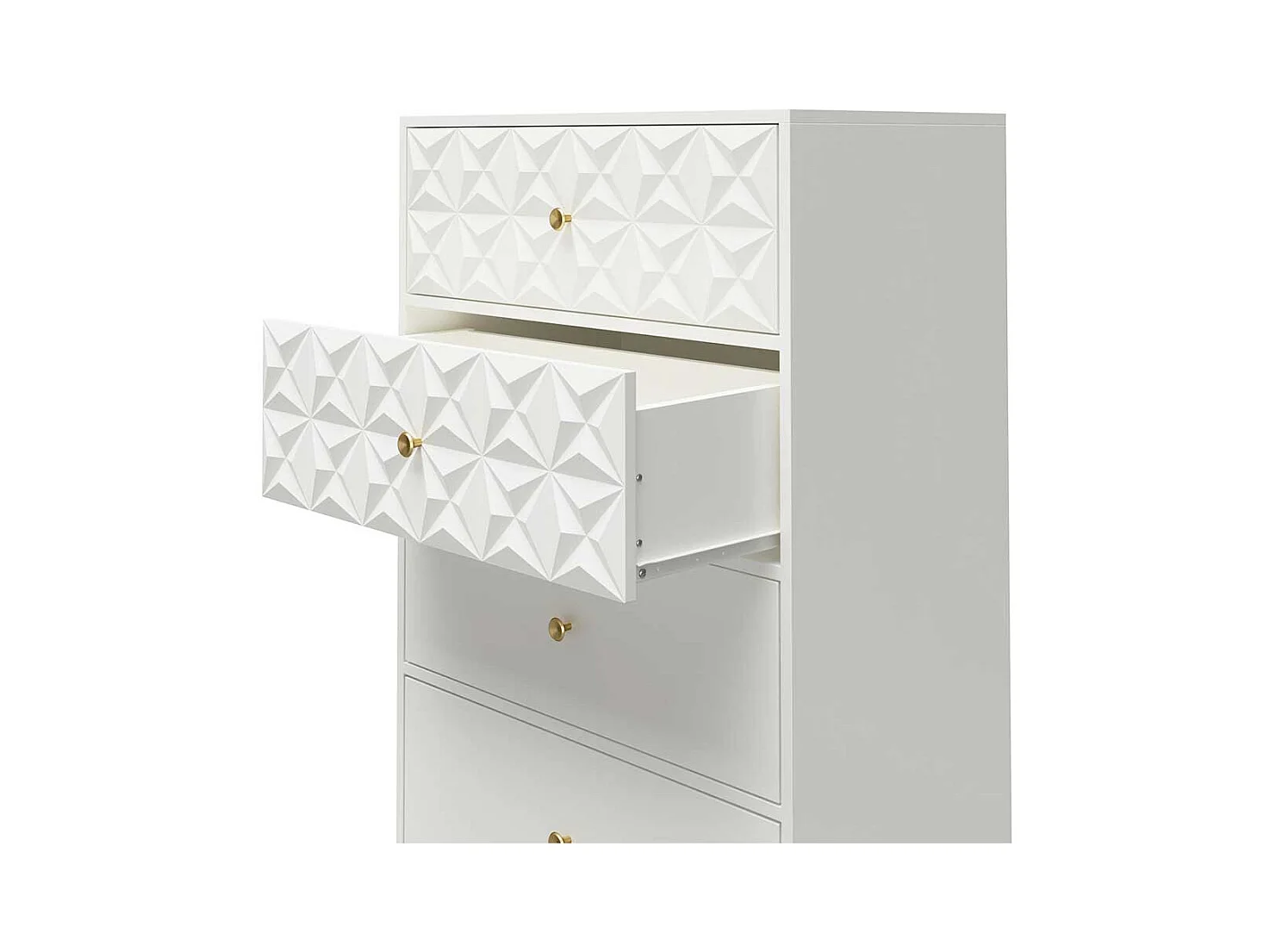 Weiße Hochkommode mit fünf Schubladen Bügelgestell aus Metall