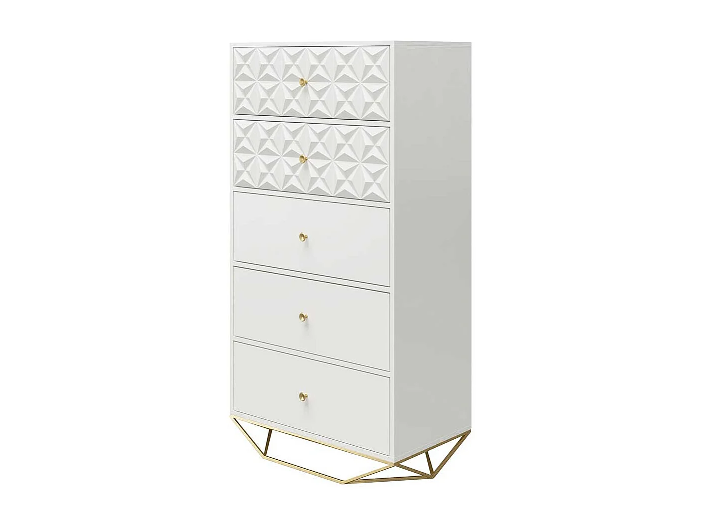 Weiße Hochkommode mit fünf Schubladen Bügelgestell aus Metall