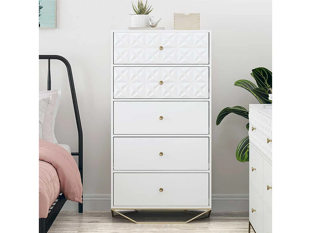 Weiße Hochkommode mit fünf Schubladen Bügelgestell aus Metall