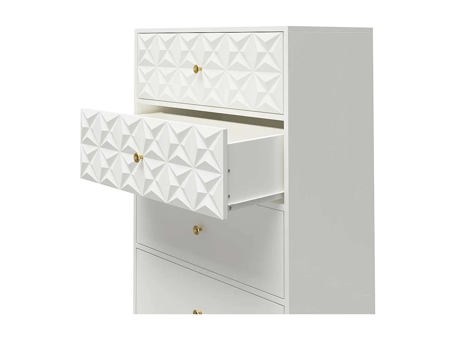 Weiße Hochkommode mit fünf Schubladen Bügelgestell aus Metall