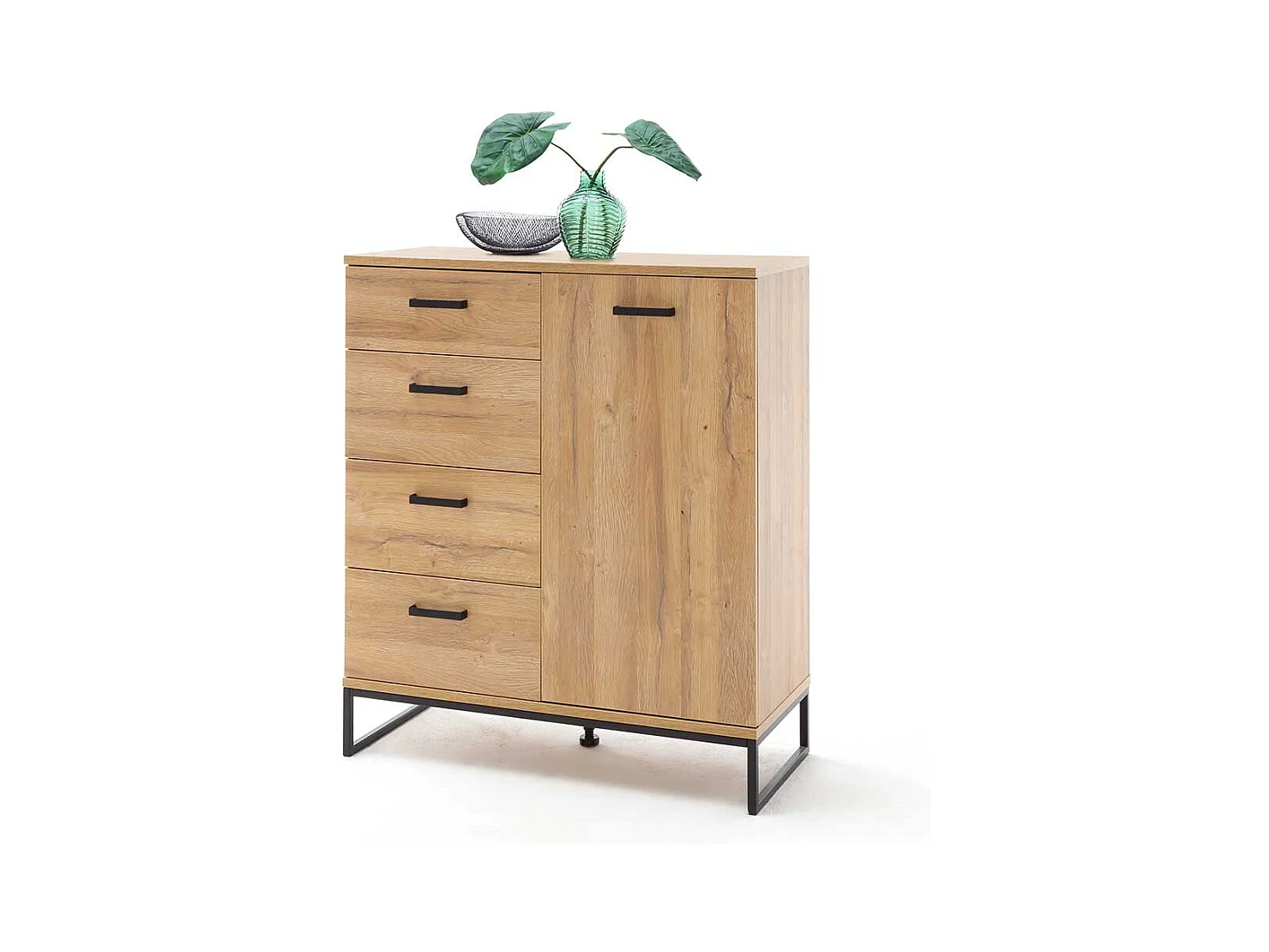 Dielenkommode in Wildeichefarben und Schwarz vier Schubladen