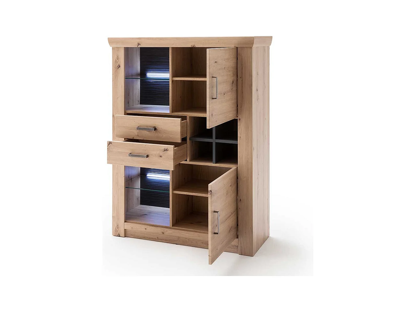 Wohnzimmer Highboard in Eiche Optik und Anthrazit Flaschenfach