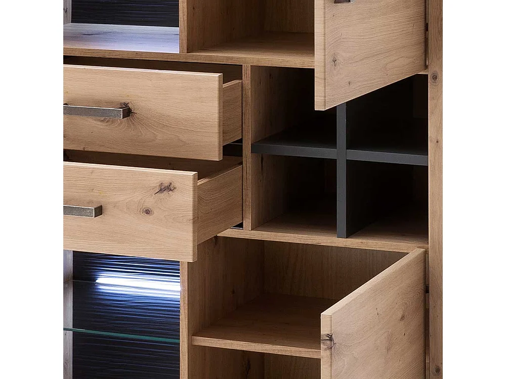 Wohnzimmer Highboard in Eiche Optik und Anthrazit Flaschenfach