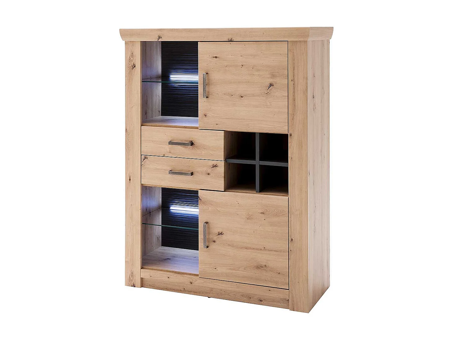 Wohnzimmer Highboard in Eiche Optik und Anthrazit Flaschenfach