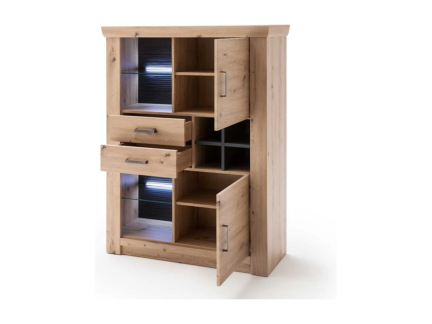 Wohnzimmer Highboard in Eiche Optik und Anthrazit Flaschenfach