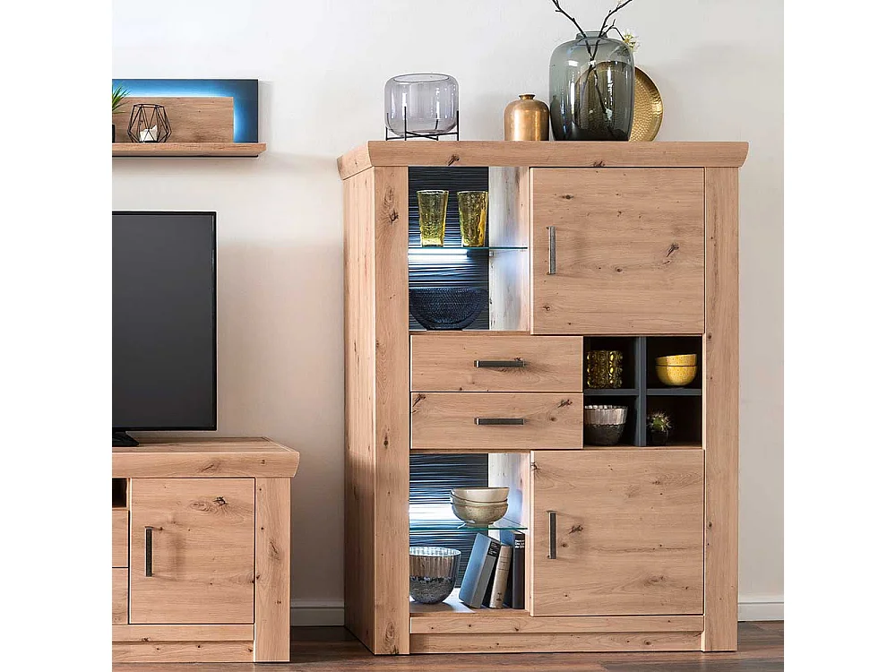 Wohnzimmer Highboard in Eiche Optik und Anthrazit Flaschenfach