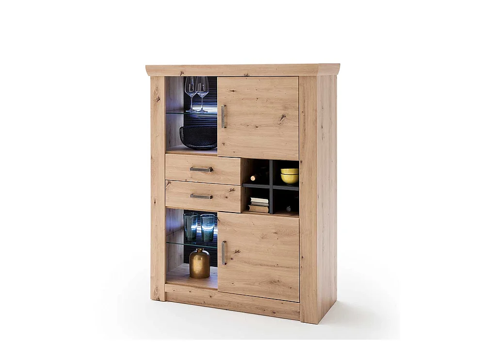 Wohnzimmer Highboard in Eiche Optik und Anthrazit Flaschenfach