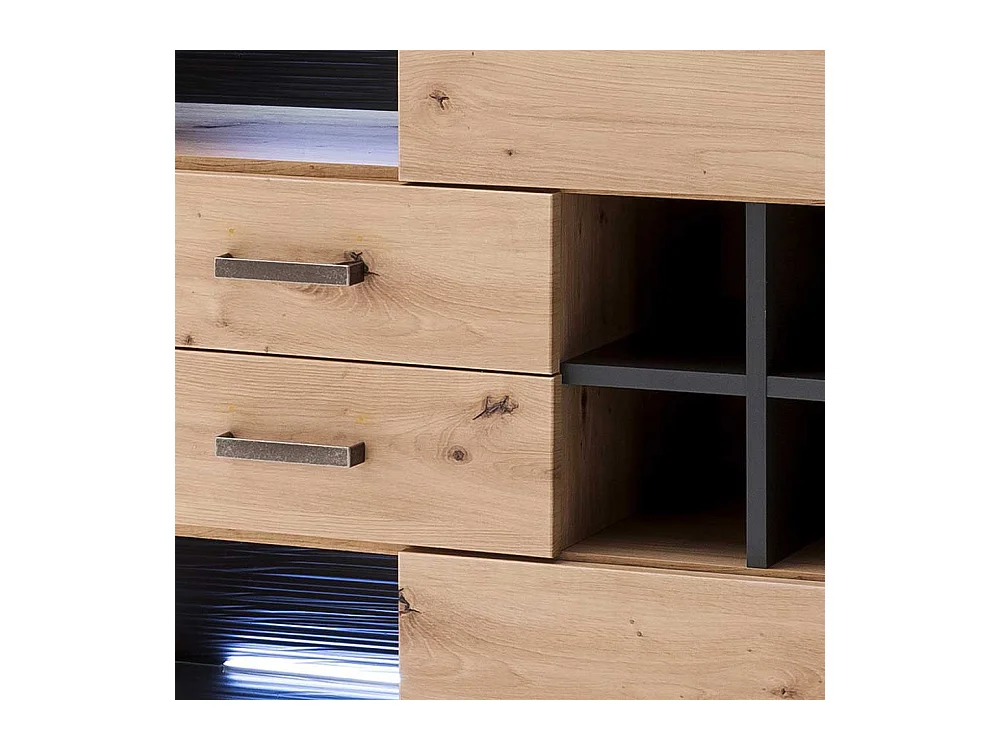 Wohnzimmer Highboard in Eiche Optik und Anthrazit Flaschenfach