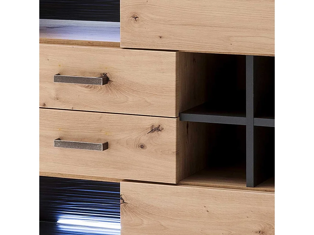 Wohnzimmer Highboard in Eiche Optik und Anthrazit Flaschenfach