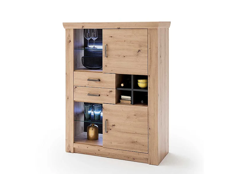 Wohnzimmer Highboard in Eiche Optik und Anthrazit Flaschenfach