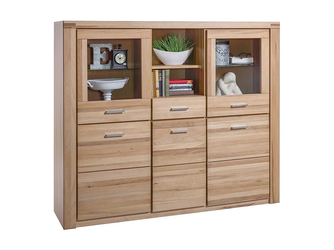Esszimmer Highboard aus Kernbuche teilmassiv und Glas 140 cm hoch