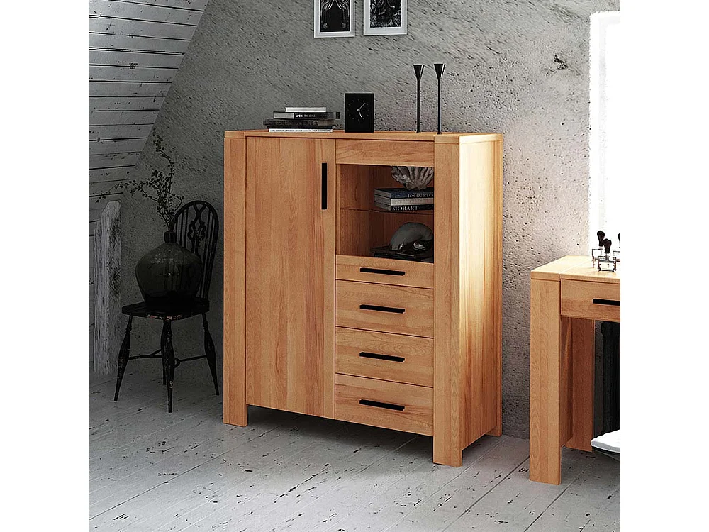 Wohnzimmer Highboard aus Kernbuche Massivholz mit Glastür