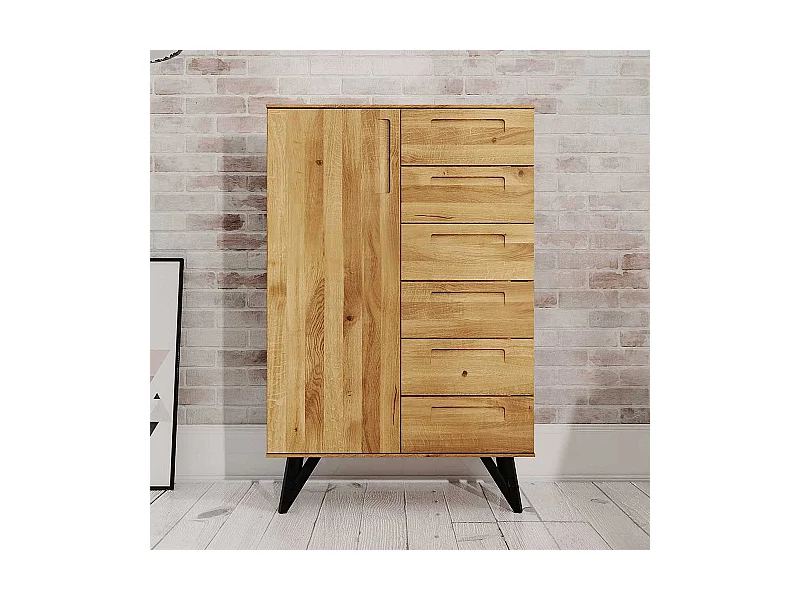 Highboard aus Wildeiche Massivholz und Stahl 140 cm hoch