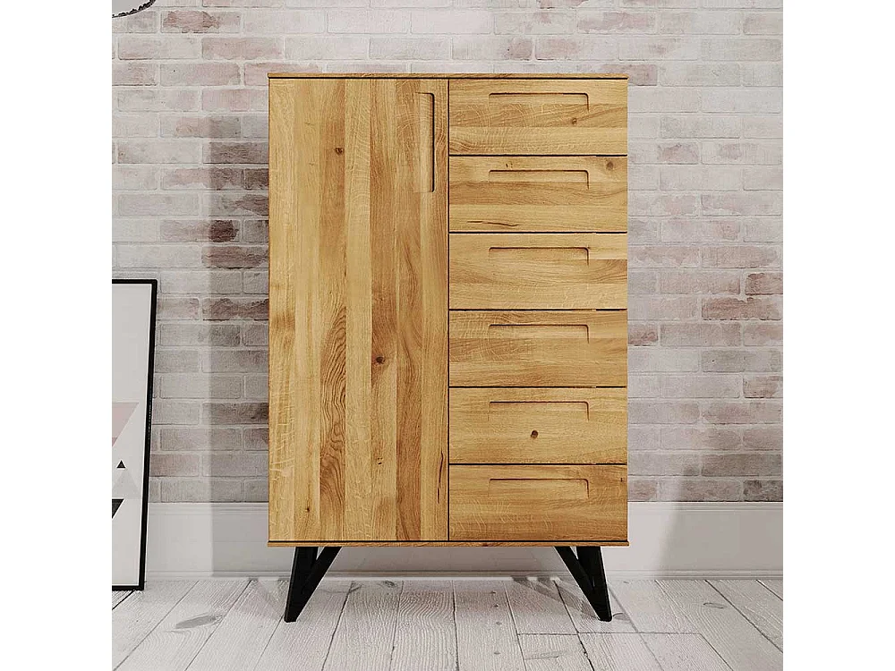 Highboard aus Wildeiche Massivholz und Stahl 140 cm hoch