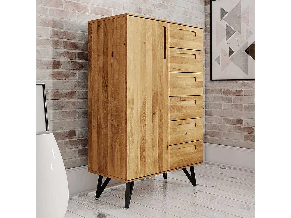 Highboard aus Wildeiche Massivholz und Stahl 140 cm hoch