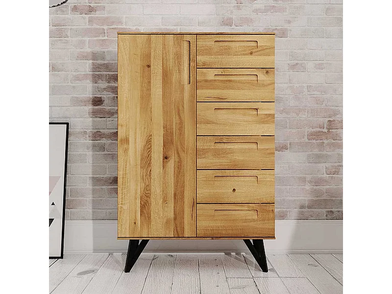 Highboard aus Wildeiche Massivholz und Stahl 140 cm hoch