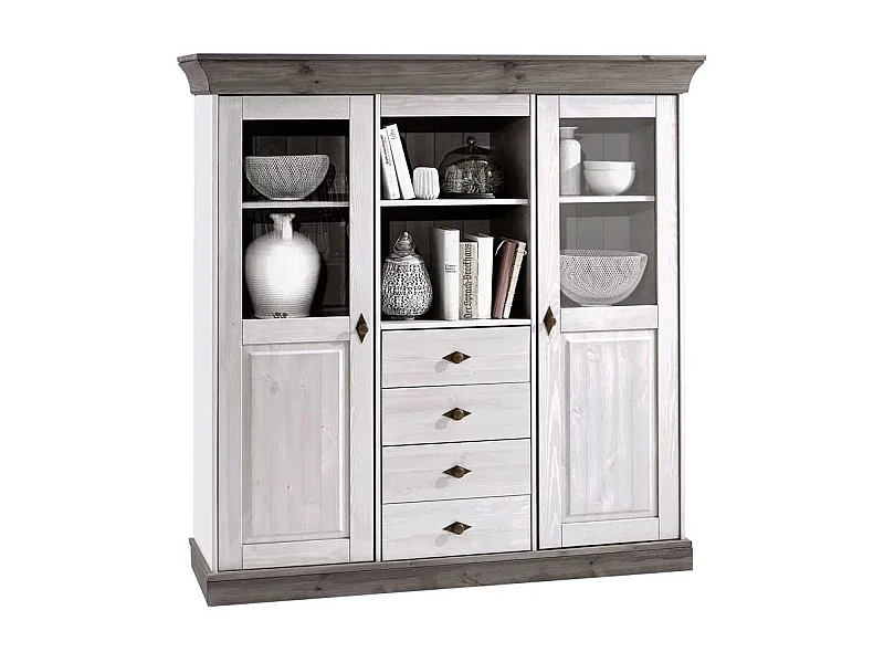 Landhaus Highboard in Weiß Grau Kiefer teilmassiv