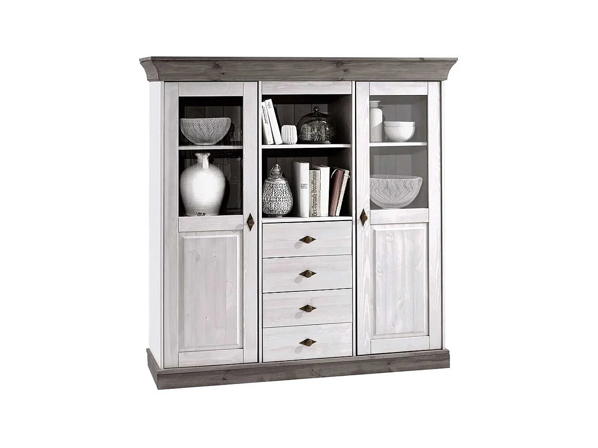 Landhaus Highboard in Weiß Grau Kiefer teilmassiv