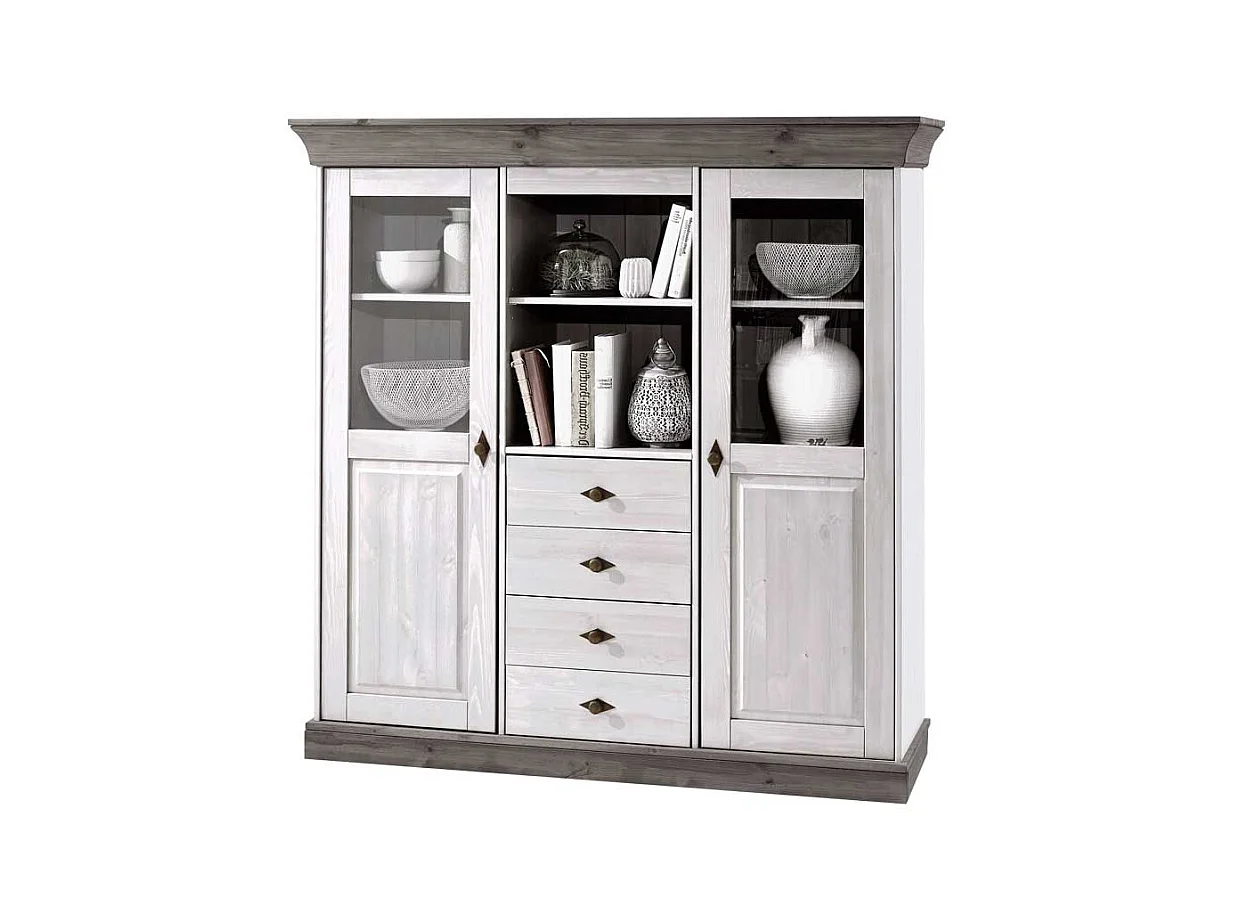 Landhaus Highboard in Weiß Grau Kiefer teilmassiv