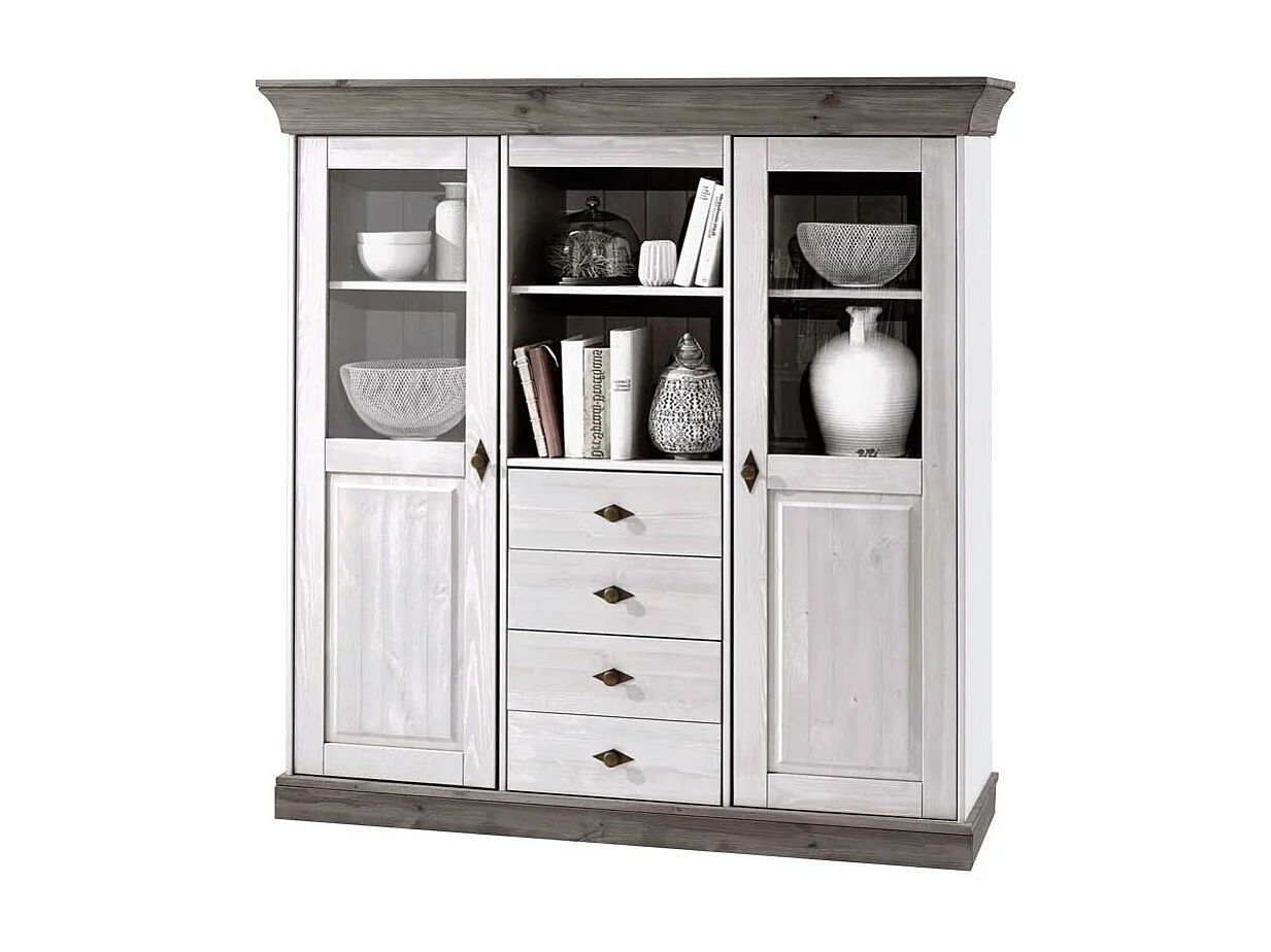 Landhaus Highboard in Weiß Grau Kiefer teilmassiv