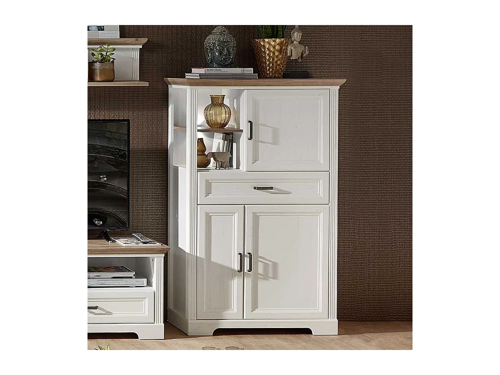 Wohnzimmer Highboard in Weiß und Eichefarben LED Beleuchtung