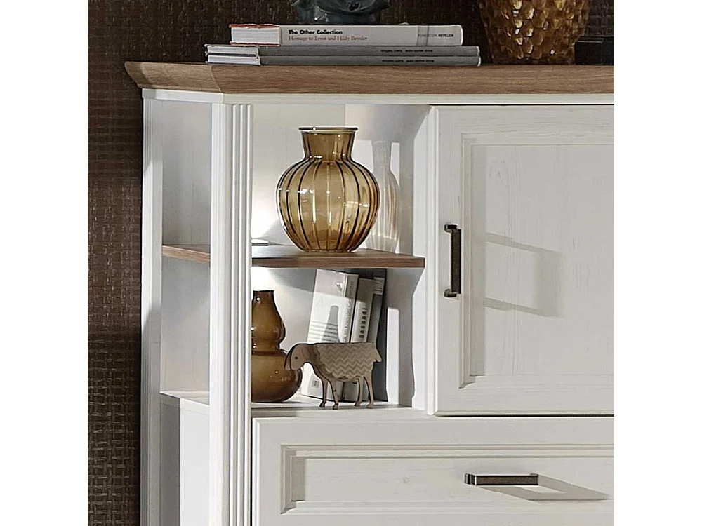 Wohnzimmer Highboard in Weiß und Eichefarben LED Beleuchtung