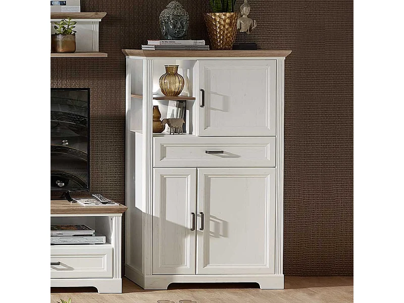 Wohnzimmer Highboard in Weiß und Eichefarben LED Beleuchtung