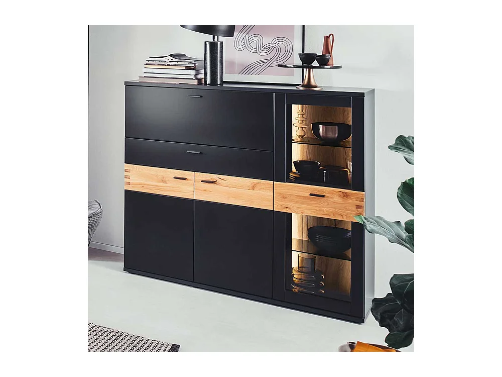 Hochwertiges Esszimmer Highboard in Wildeichefarben Schwarzgrau