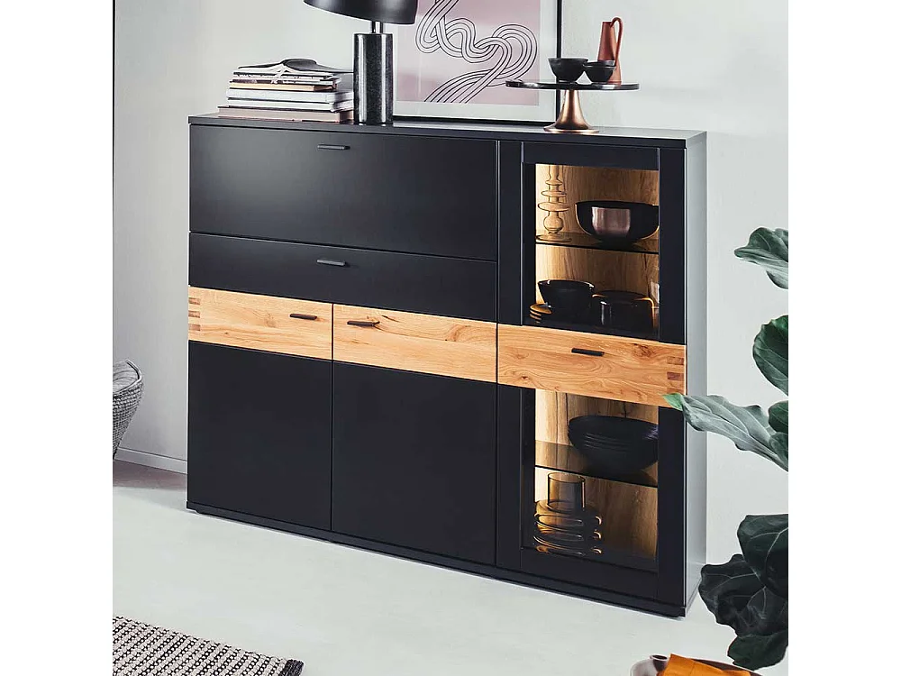 Hochwertiges Esszimmer Highboard in Wildeichefarben Schwarzgrau