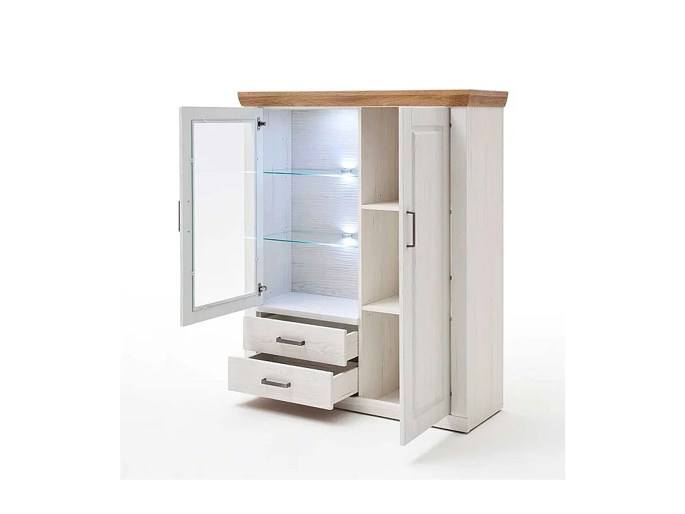 Landhaus Highboard Vitrine in Weiß und Eiche Optik 40 cm tief