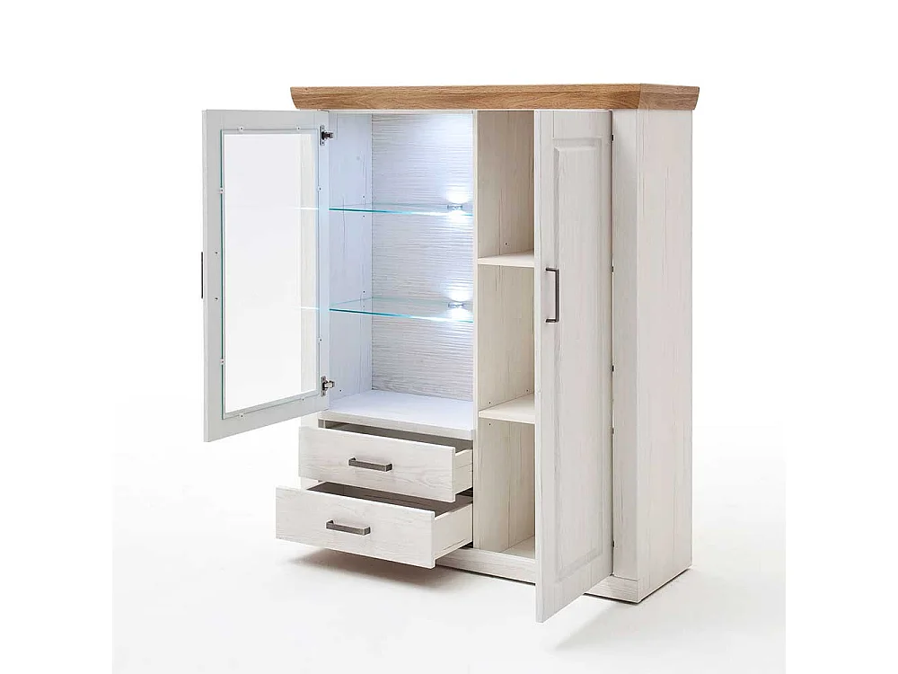 Landhaus Highboard Vitrine in Weiß und Eiche Optik 40 cm tief