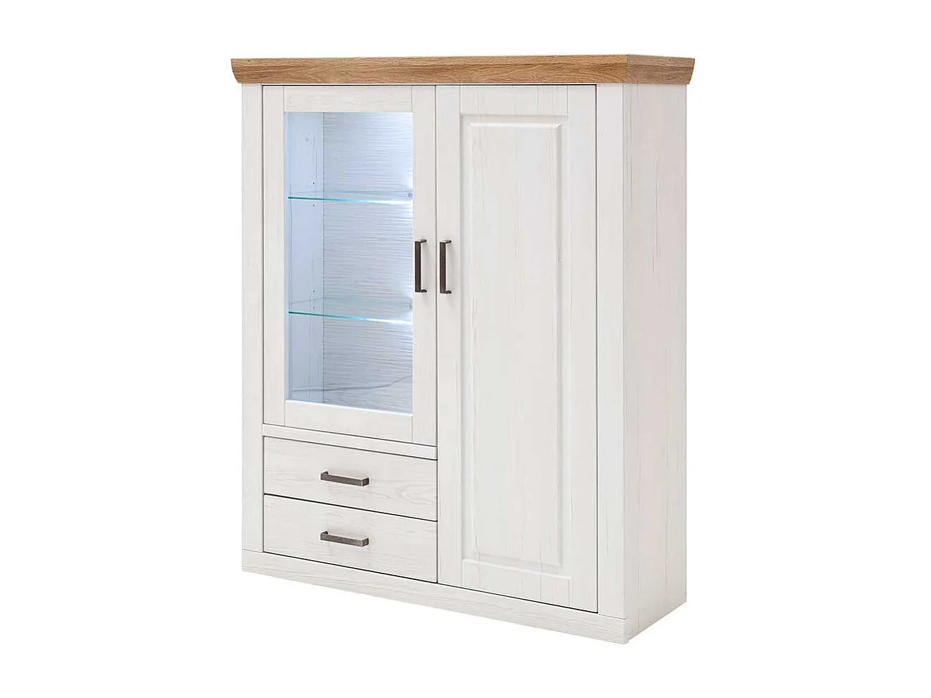 Landhaus Highboard Vitrine in Weiß und Eiche Optik 40 cm tief