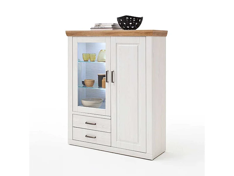 Landhaus Highboard Vitrine in Weiß und Eiche Optik 40 cm tief