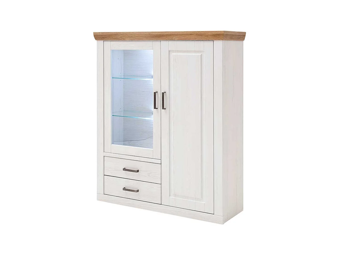 Landhaus Highboard Vitrine in Weiß und Eiche Optik 40 cm tief