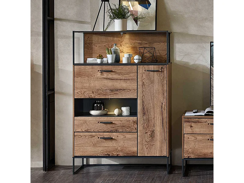 Loft Design Highboard in Eiche dunkel Optik und Dunkelgrau Klappe