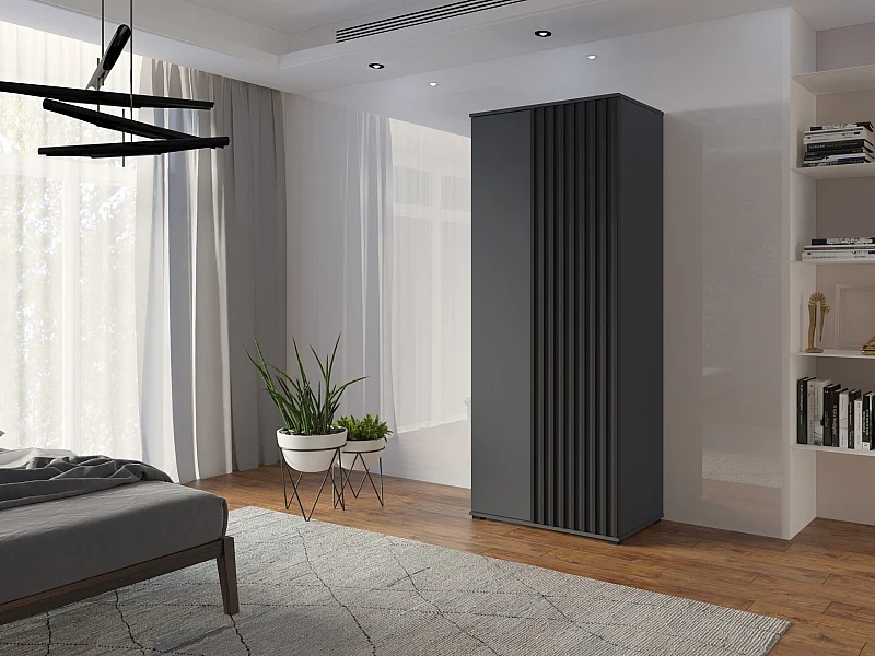 Szafa Otwierana Dwudrzwiowa Z LAMELAMI 80cm x 200cm ANTRACYT| Półki + Wieszak