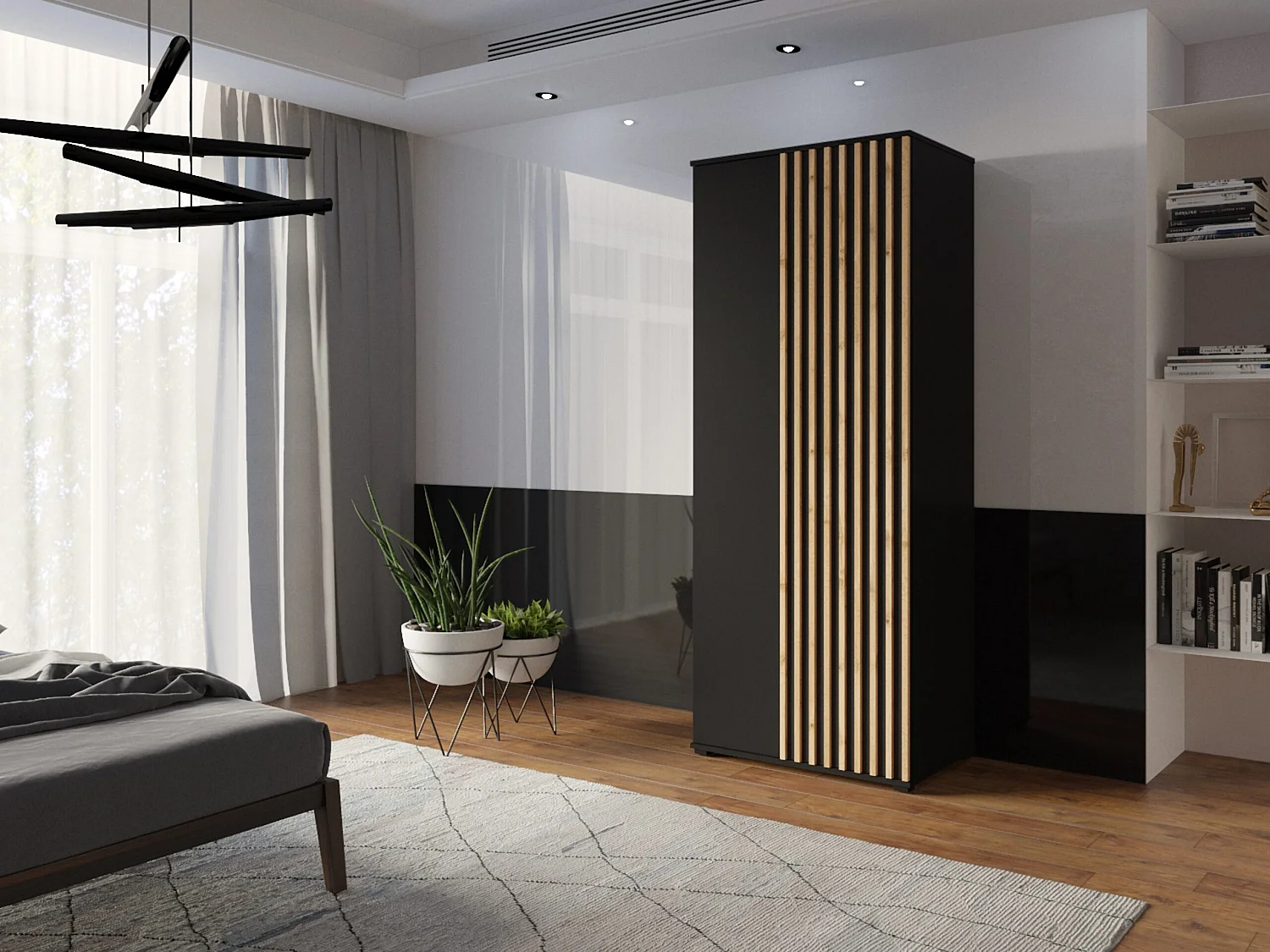 Szafa Otwierana Dwudrzwiowa Z LAMELAMI 80cm x 200cm CZARNA| Półki + Wieszak