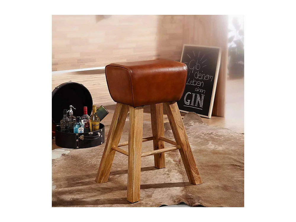 Hochhocker in Cognac Braun Echtleder Massivholzgestell