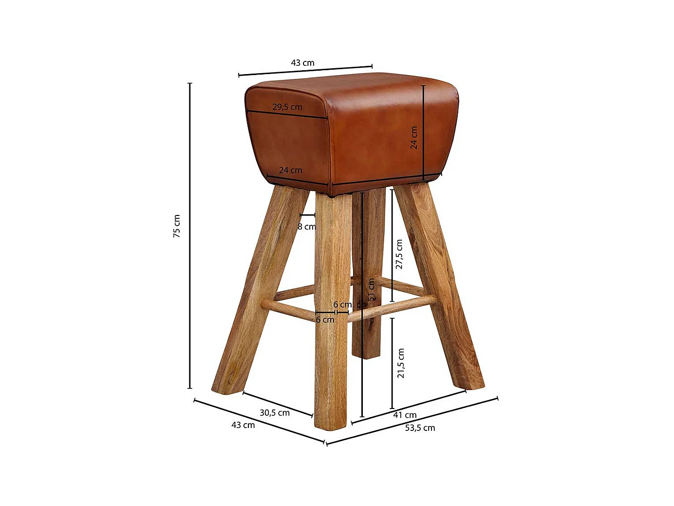 Hochhocker in Cognac Braun Echtleder Massivholzgestell
