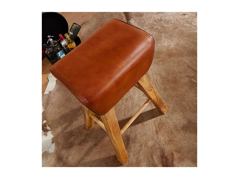 Hochhocker in Cognac Braun Echtleder Massivholzgestell