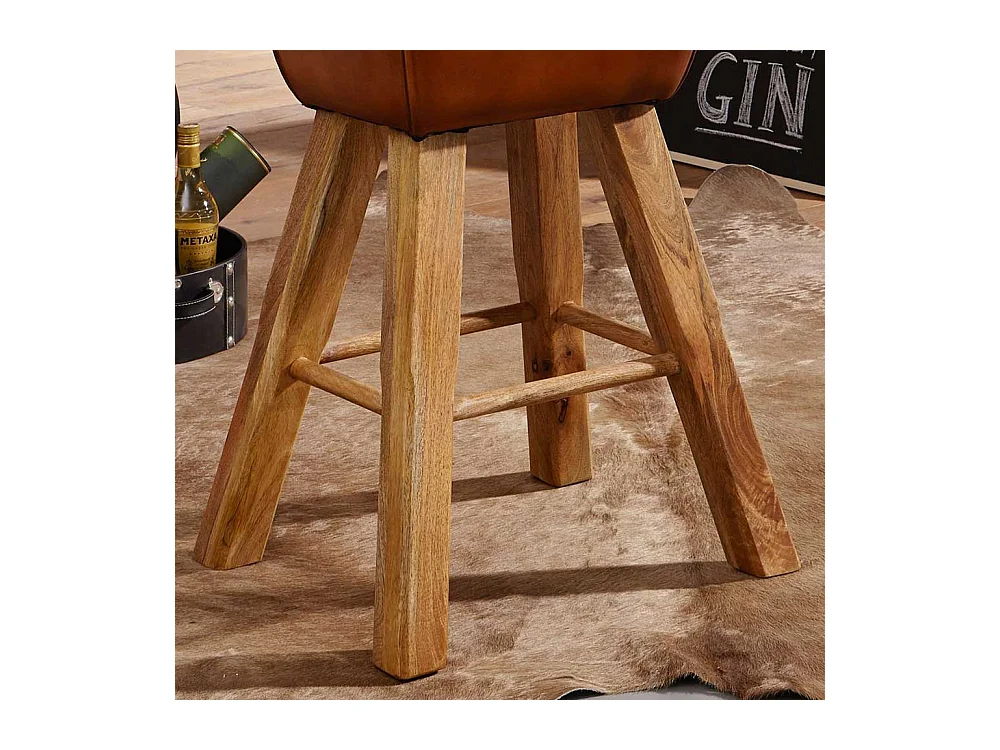 Hochhocker in Cognac Braun Echtleder Massivholzgestell