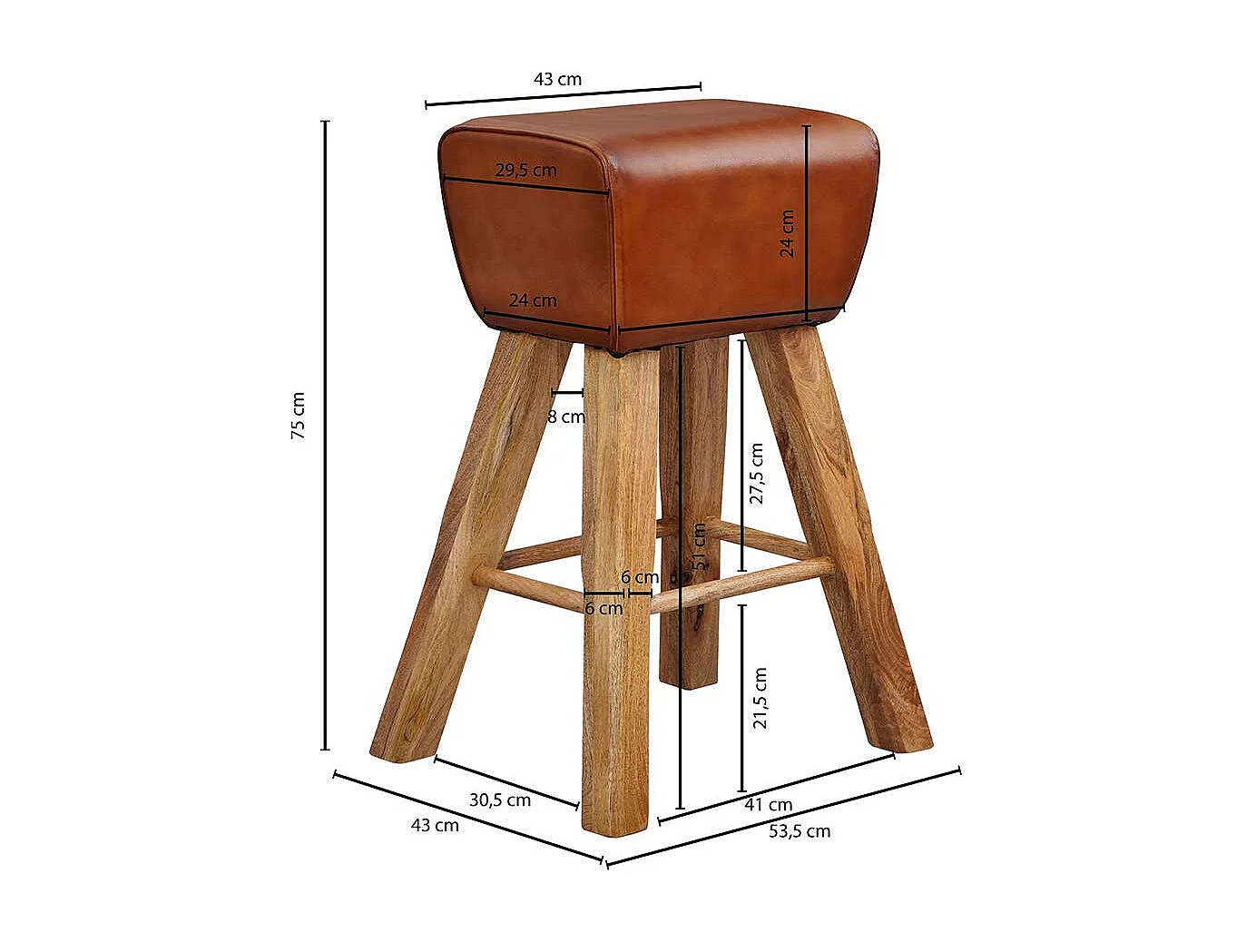 Hochhocker in Cognac Braun Echtleder Massivholzgestell