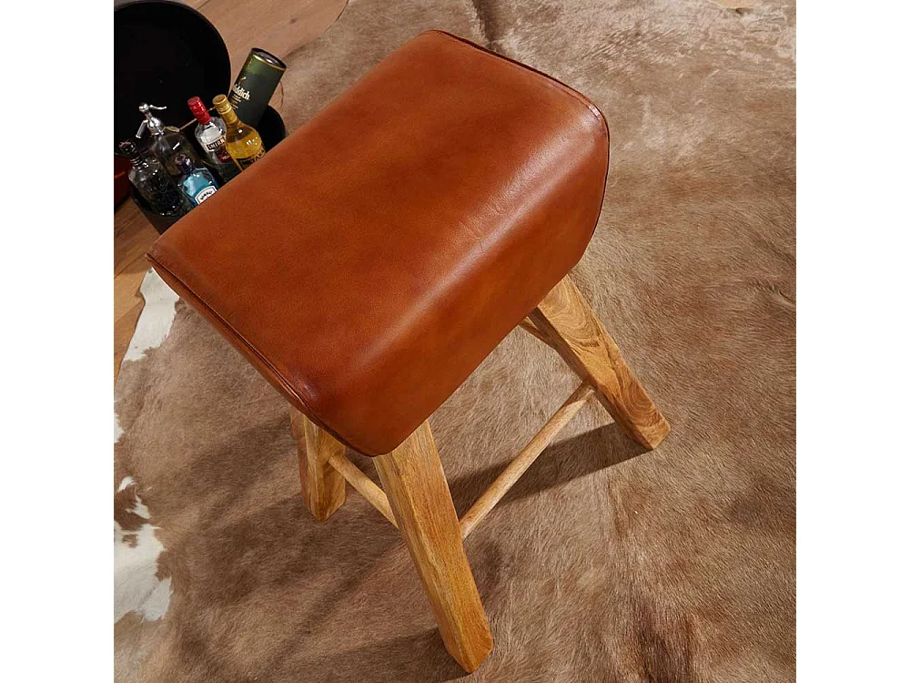 Hochhocker in Cognac Braun Echtleder Massivholzgestell