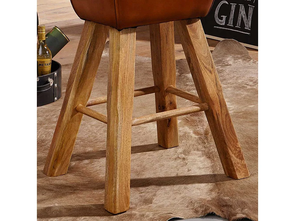 Hochhocker in Cognac Braun Echtleder Massivholzgestell