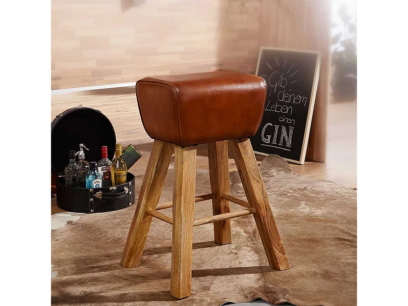 Hochhocker in Cognac Braun Echtleder Massivholzgestell