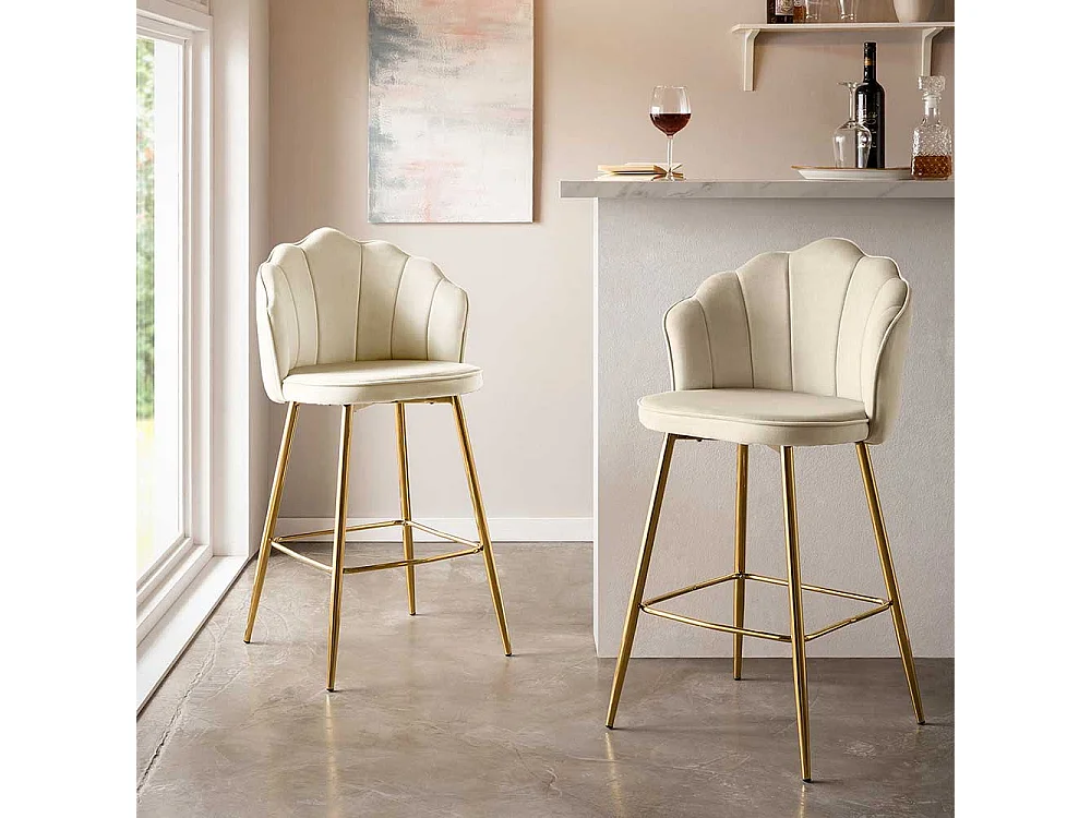 Retro Barhocker Rücken in Muschelform Bezug Samt Beige (2er Set)