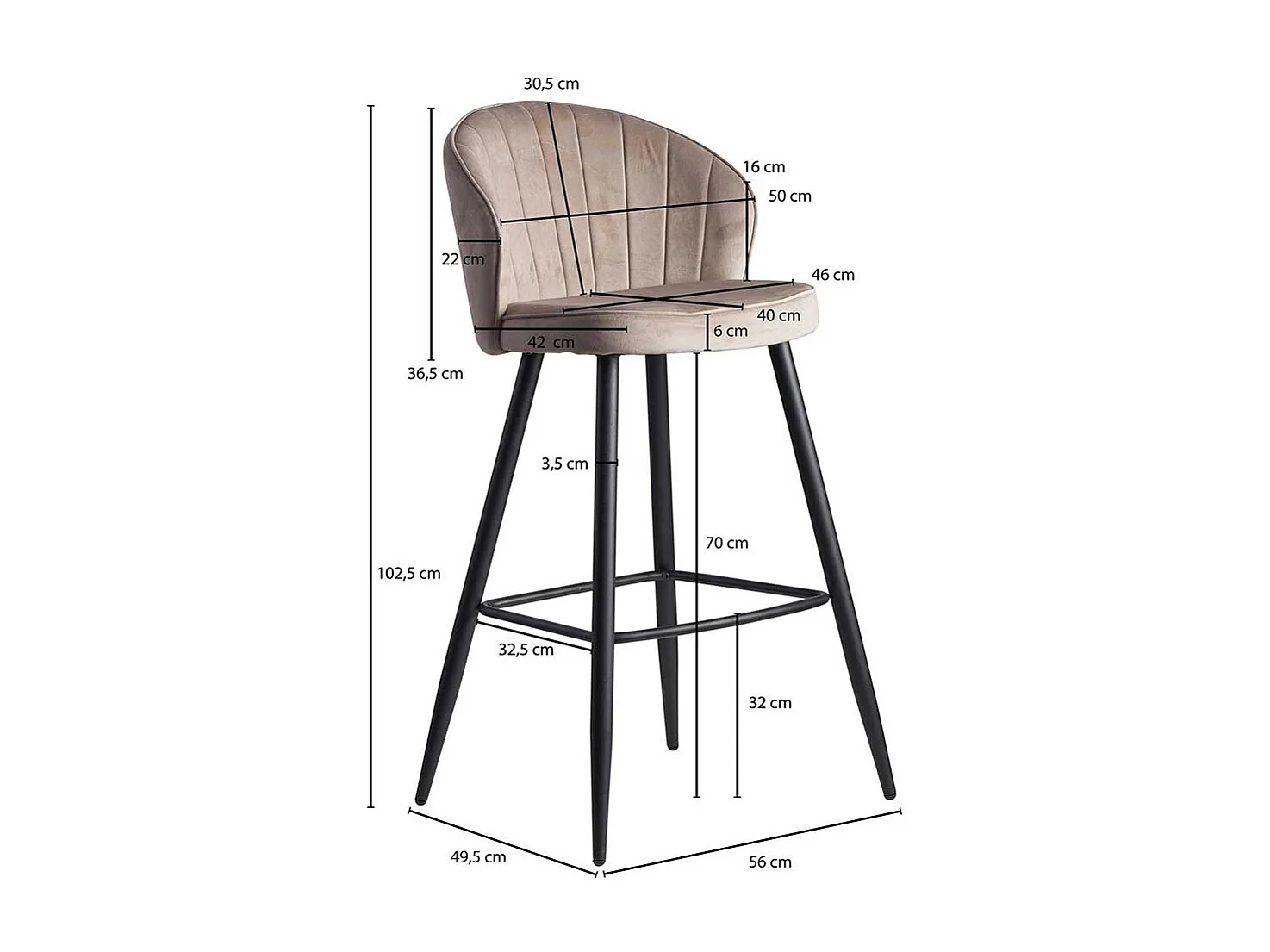 Barstuhl Samt Metall in Beige & Schwarz gepolsterter Rückenlehne