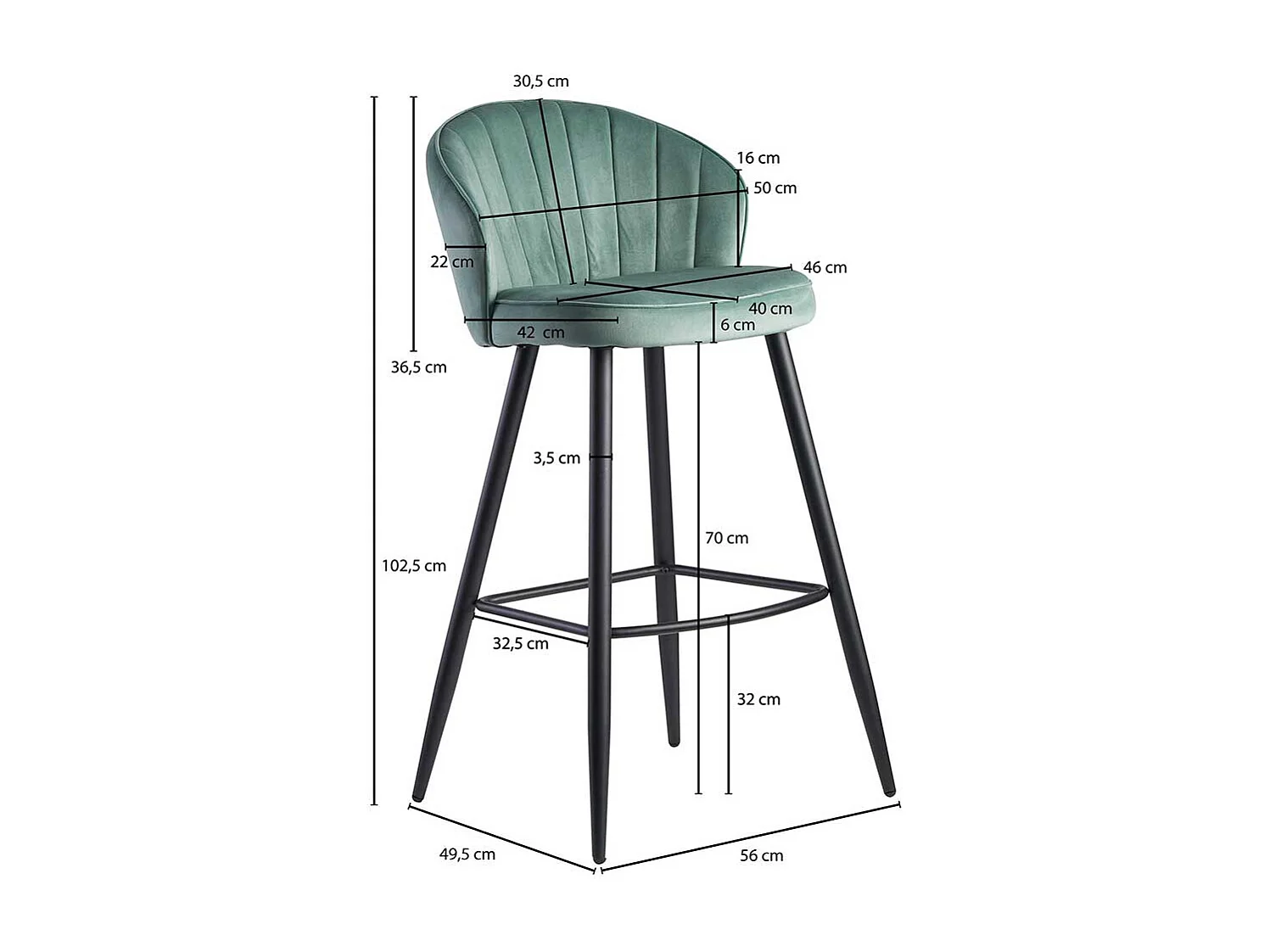 Barhocker mit Rückenlehne in Mintgrün und Schwarz Samt und Metall