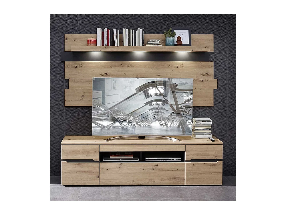 Fernseh Unterschrank mit Schubladen in Wildeichefarben Dunkelgrau