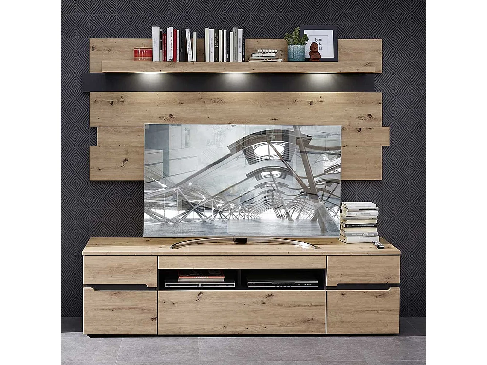 Fernseh Unterschrank mit Schubladen in Wildeichefarben Dunkelgrau